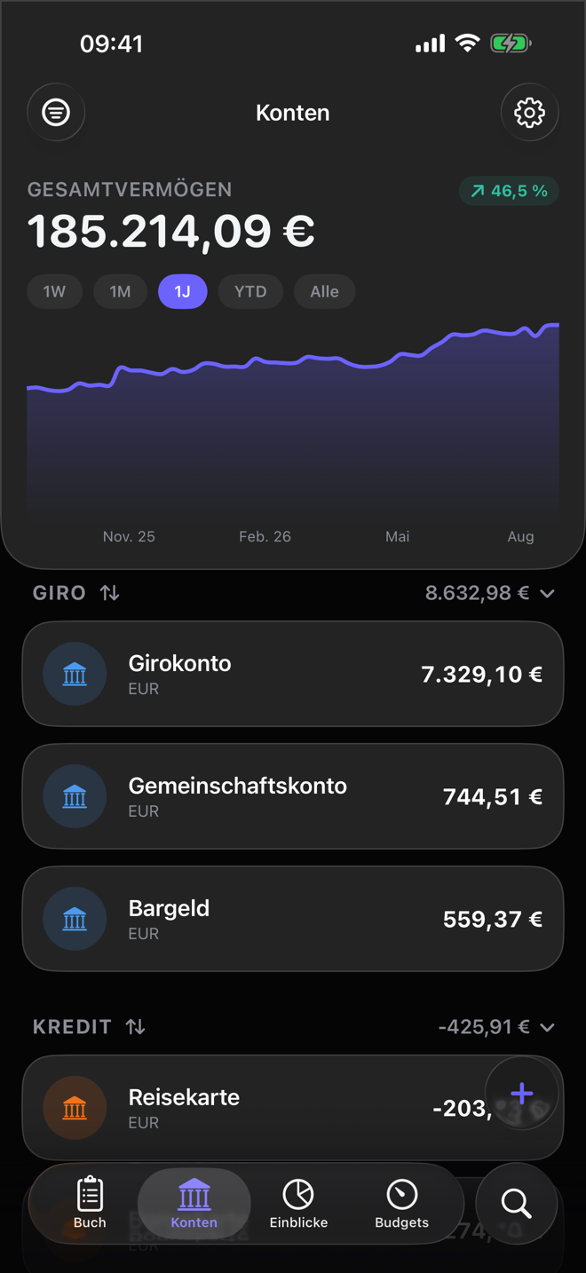 Der Kontenbildschirm in Dribs: Gesamtvermögen mit Jahresdiagramm über den Girokonten in Euro