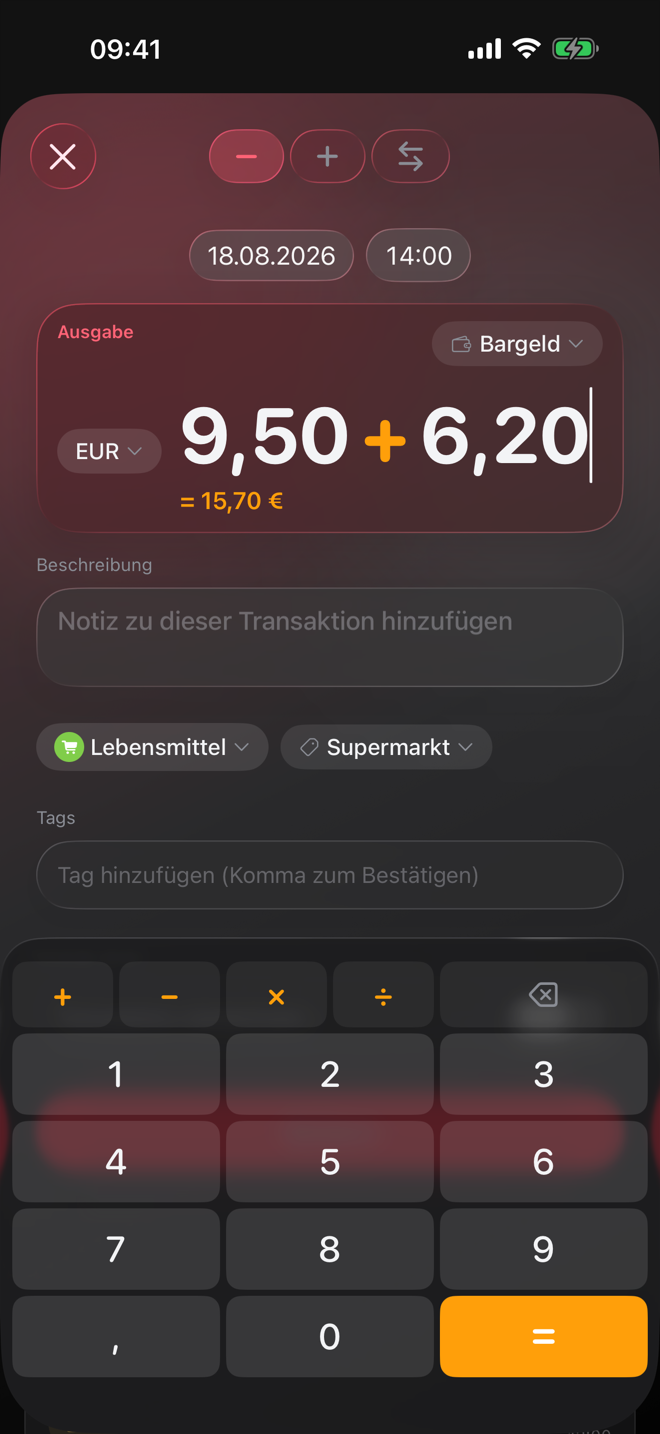 Eine Ausgabe in Dribs eintragen: 9,50 + 6,20 auf dem Rechner-Ziffernfeld, mit Kategorie und Tag