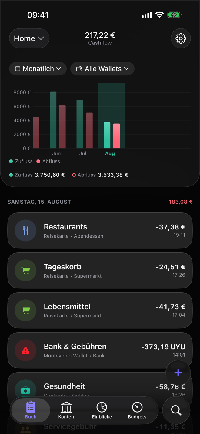 Das Buch in Dribs: monatliches Cashflow-Diagramm über den nach Tagen gruppierten Buchungen
