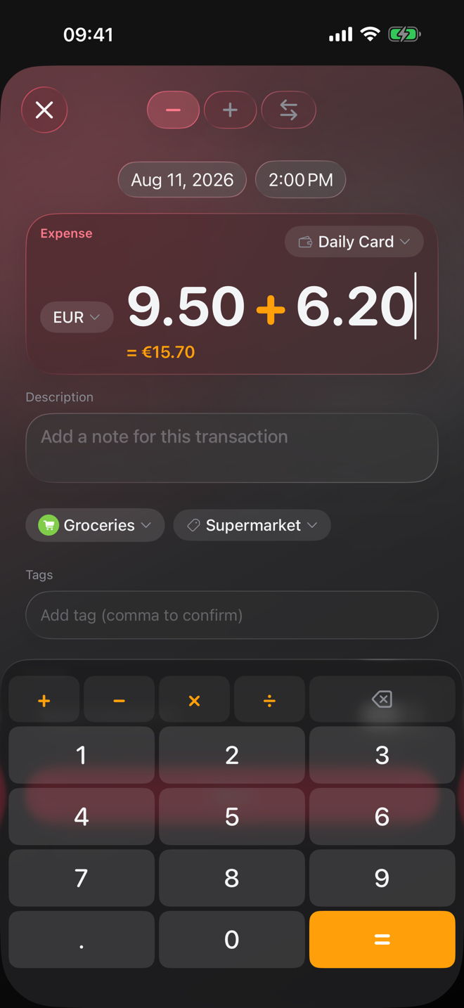 Adding an expense in Dribs: 9.50 + 6.20 typed on the calculator keypad, with a category and a tag selected