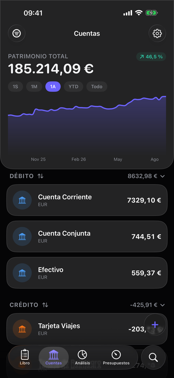 La pantalla Cuentas de Dribs: patrimonio total con un gráfico de un año, sobre las cuentas corrientes en euros