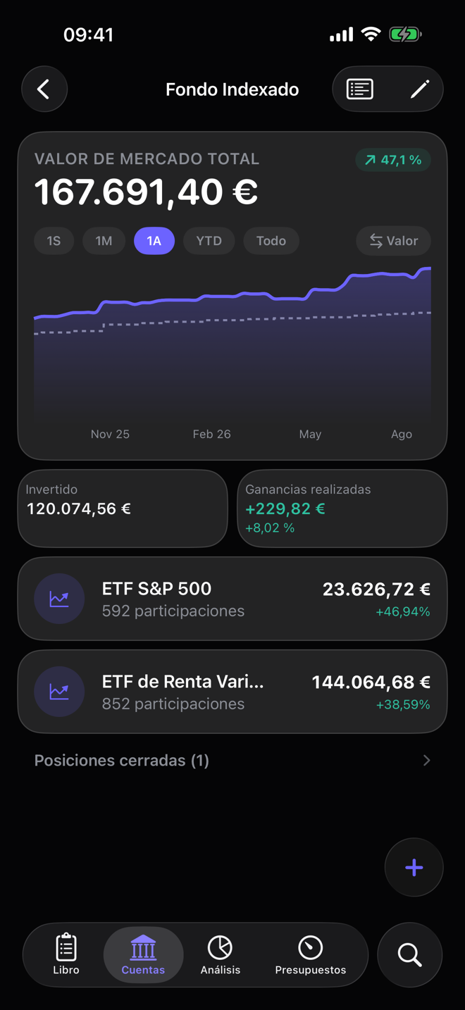 Una cuenta de inversión en Dribs: valor de mercado con gráfico de un año, importe invertido y ganancias realizadas, y dos posiciones en ETF