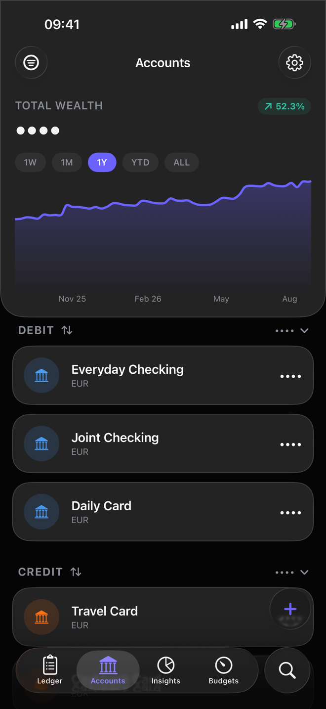 The Dribs Accounts screen with Hide Amounts turned on: account names and the wealth chart stay visible, while total wealth and every balance show as dots